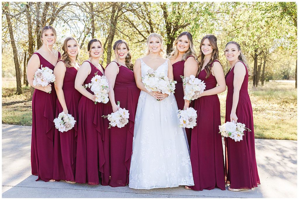 Fall Wedding at Milestone Denton | burgundy bridesmaid dresses