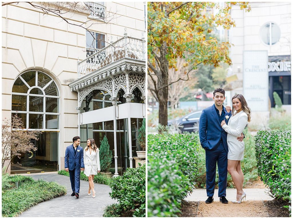 stylish dallas couple in front of hotel crescent court