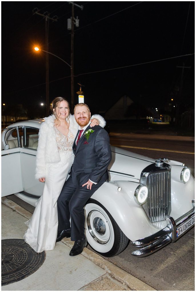 Winter Wedding at The Mason | Getaway car | vintage car